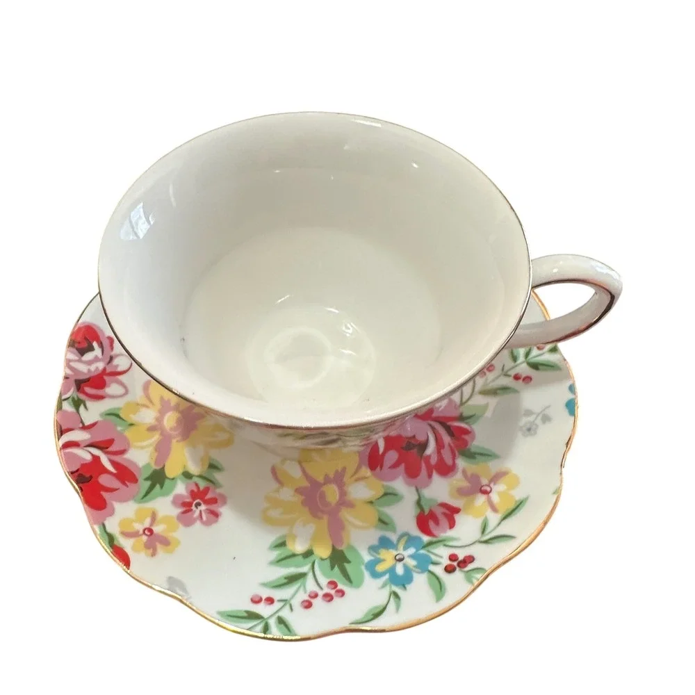 Grace Teaware Floral Teacup Saucer Set Gold Trim Vintage Style Bone China